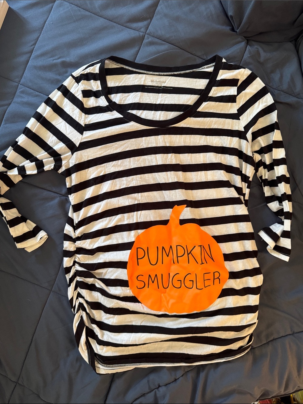 Motherhood by Maternity! Black & White Striped Top with Orange Pumpkin